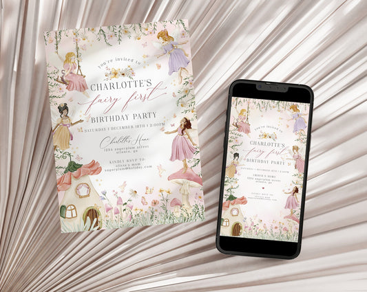 Fairy First Birthday Invitation Template Set, enchanted garden fairytale girl 1st birthday magical fairy tea party boho woodland fairy