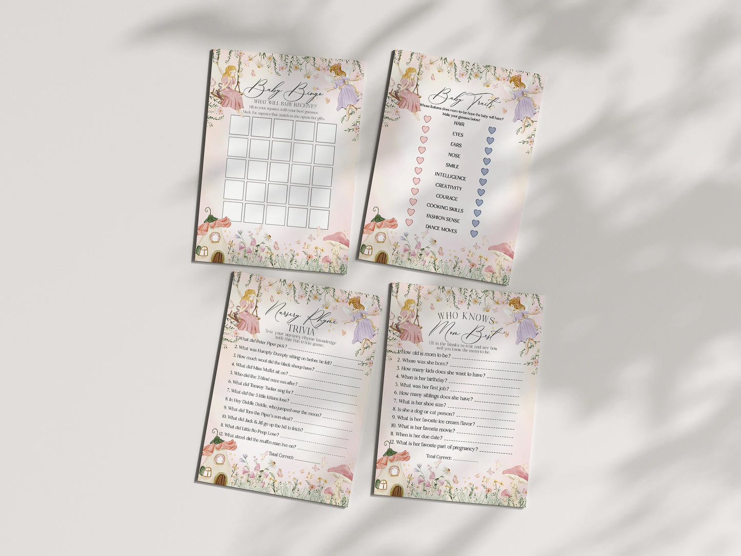 Fairy Baby Shower Games Bundle Printable, enchanted garden fairytale girl baby shower, magical fairy tea party, boho woodland fairy forest