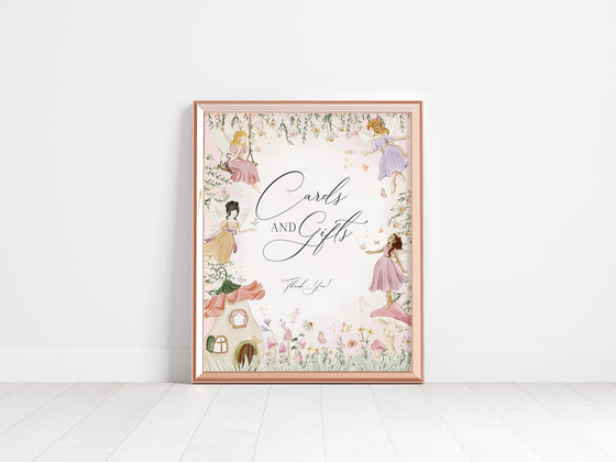 Fairy Cards and Gifts Sign and Favors Sign Instant Download Girl Baby Shower or Birthday enchanted garden fairytale magical woodland fairy