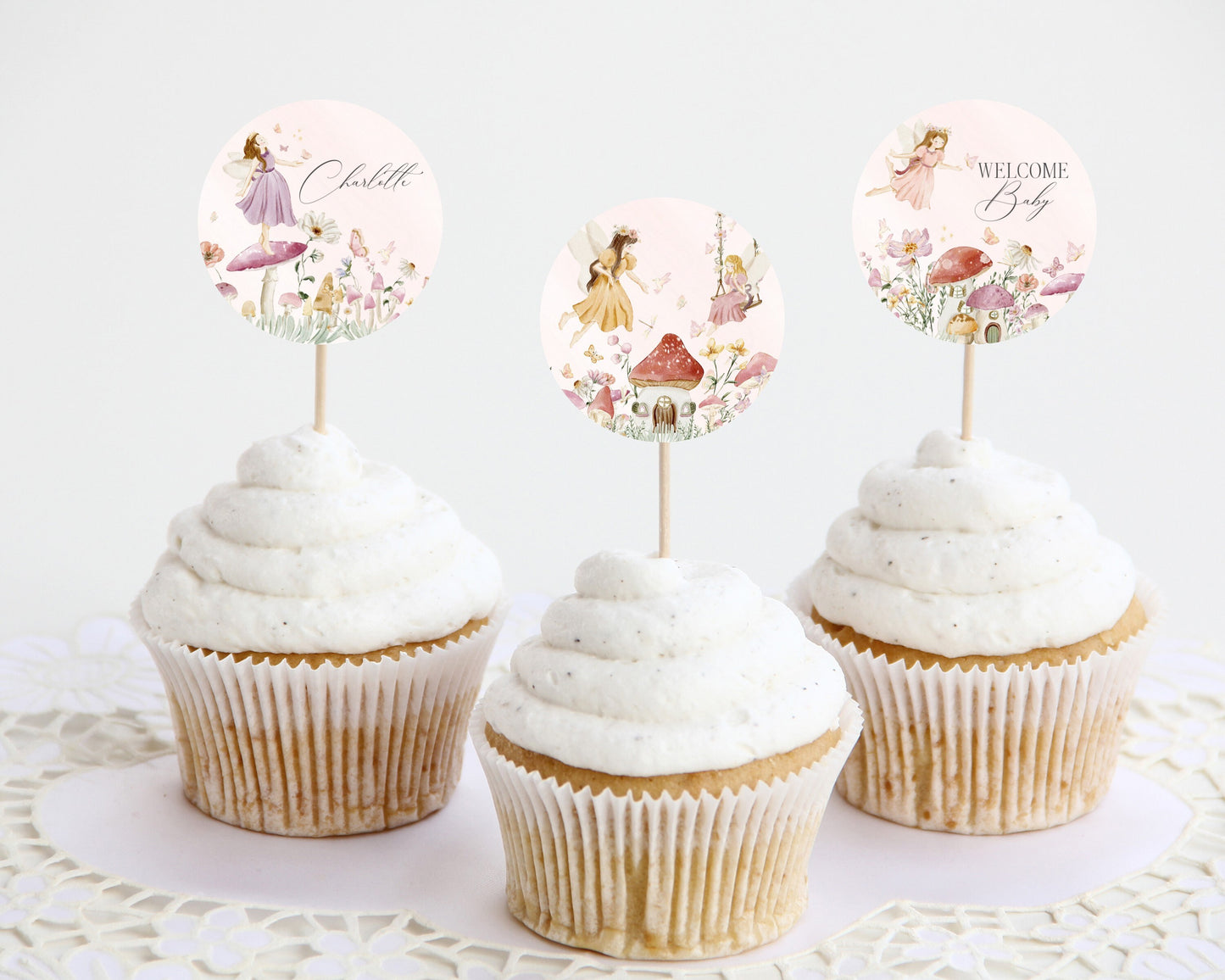 Fairy Baby Shower for Girl Cupcake Toppers Printable Template, enchanted garden fairytale magical fairy tea party boho woodland fairy forest