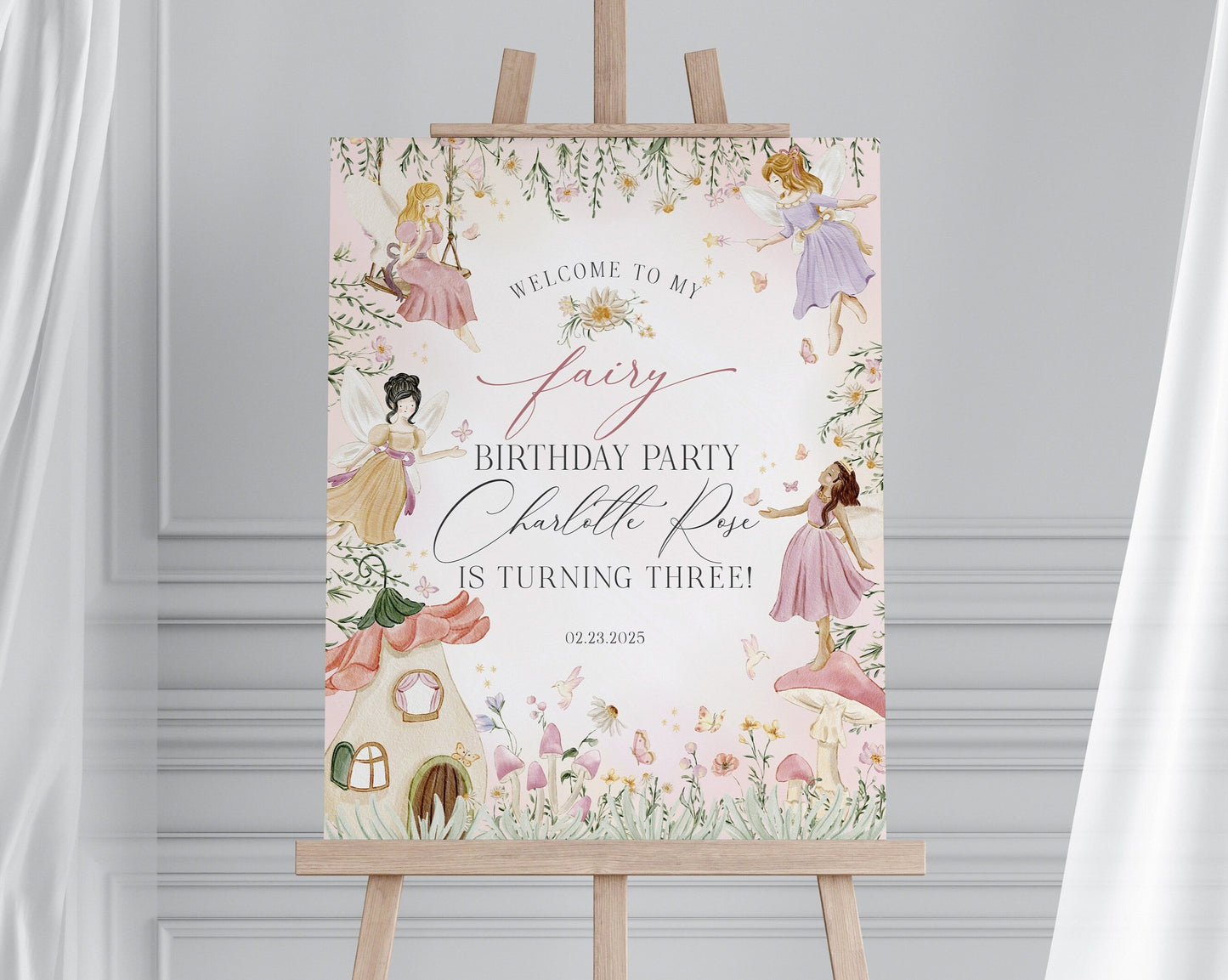 Fairy Birthday Welcome Sign Template, enchanted garden fairytale girl fairy 1st birthday, magical fairy tea party boho woodland fairy forest