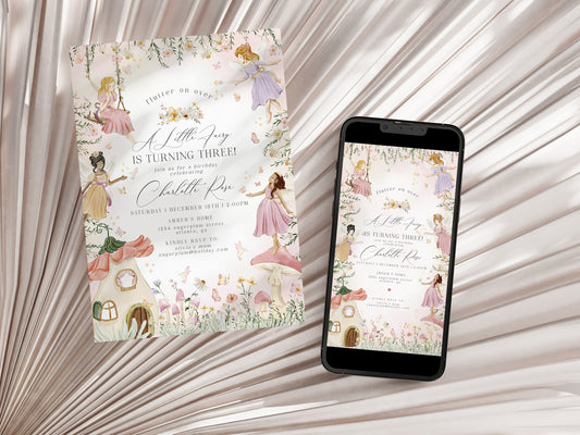 Fairy Birthday Invitation Printable Template Set, enchanted garden fairytale girl birthday magical fairy tea woodland fairy flutter on over