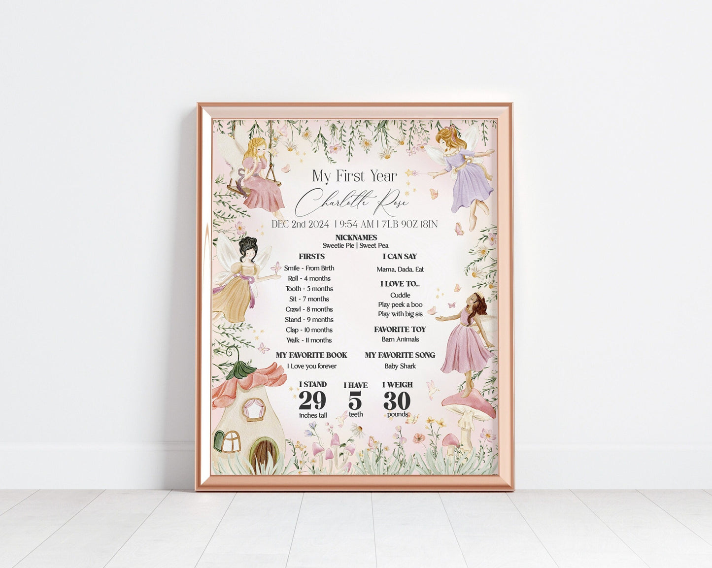 Fairy My First Year Milestone Sign Template, enchanted garden fairytale girl birthday magical fairy party boho woodland fairy 1st birthday