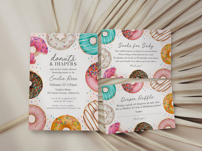 Donut Sprinkles Baby Shower Bundle Printable Party Decor, Donuts and Diapers Girl Baby Shower Template Sweet Celebration Sprinkled with Love