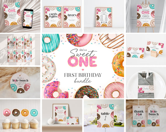 Donut Sprinkles First Birthday Party Bundle Printable Template, Sweet One Donut 1st Birthday for Girl, Sweet Celebration Sprinkled with Love