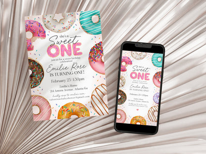 Donut Sprinkles First Birthday Party Bundle Printable Template, Sweet One Donut 1st Birthday for Girl, Sweet Celebration Sprinkled with Love