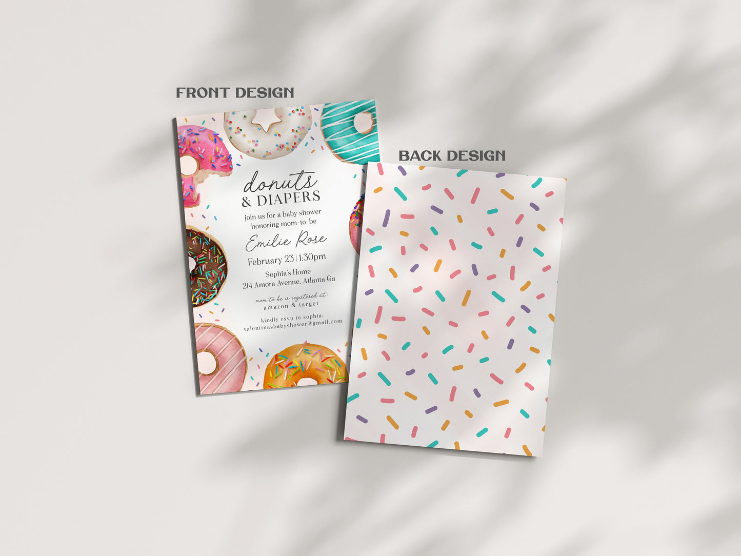 Donut Sprinkles Baby Shower Invitation Set Template, Donuts and Diapers Donut Baby Shower for Girl, Sweet Celebration, Sprinkled with Love