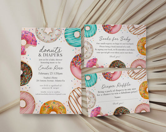 Donut Sprinkles Baby Shower Invitation Set Template, Donuts and Diapers Donut Baby Shower for Girl, Sweet Celebration, Sprinkled with Love