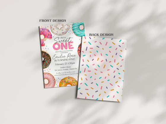 Donut Sprinkles First Birthday Invitation Template Set, Sweet One Donut 1st birthday for girl, sweet celebration doughnut invitation