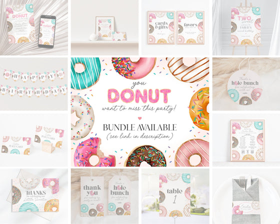 Donut Sprinkles First Birthday Invitation Template Set, Sweet One Donut 1st birthday for girl, sweet celebration doughnut invitation
