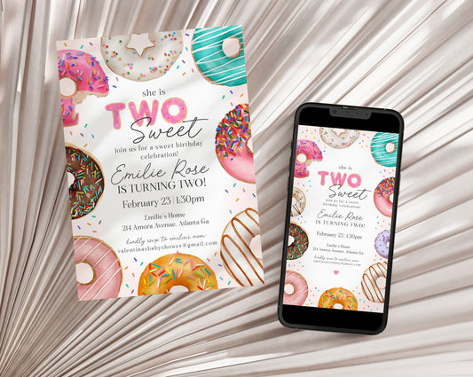 Donut Sprinkles Second Birthday Invitation Template Set, Two Sweet Donut 2nd birthday for girl, sweet celebration doughnut invitation