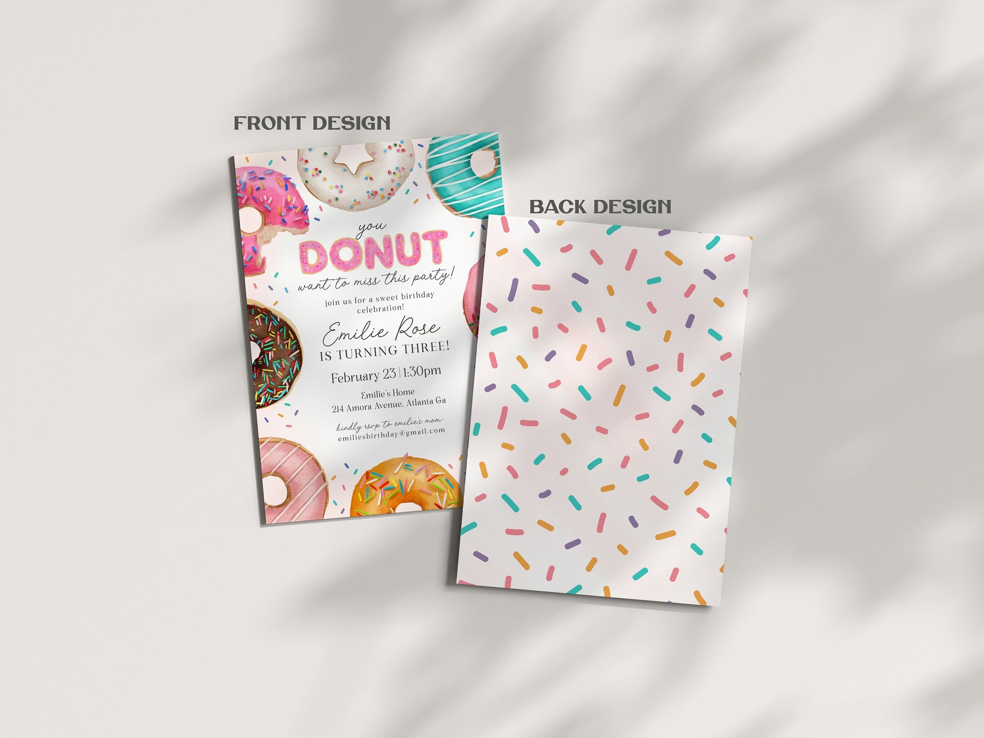 Donut Sprinkles Birthday Invitation Template Set, Sweet Sprinkles Donut birthday party for girl, sweet celebration doughnut invitation