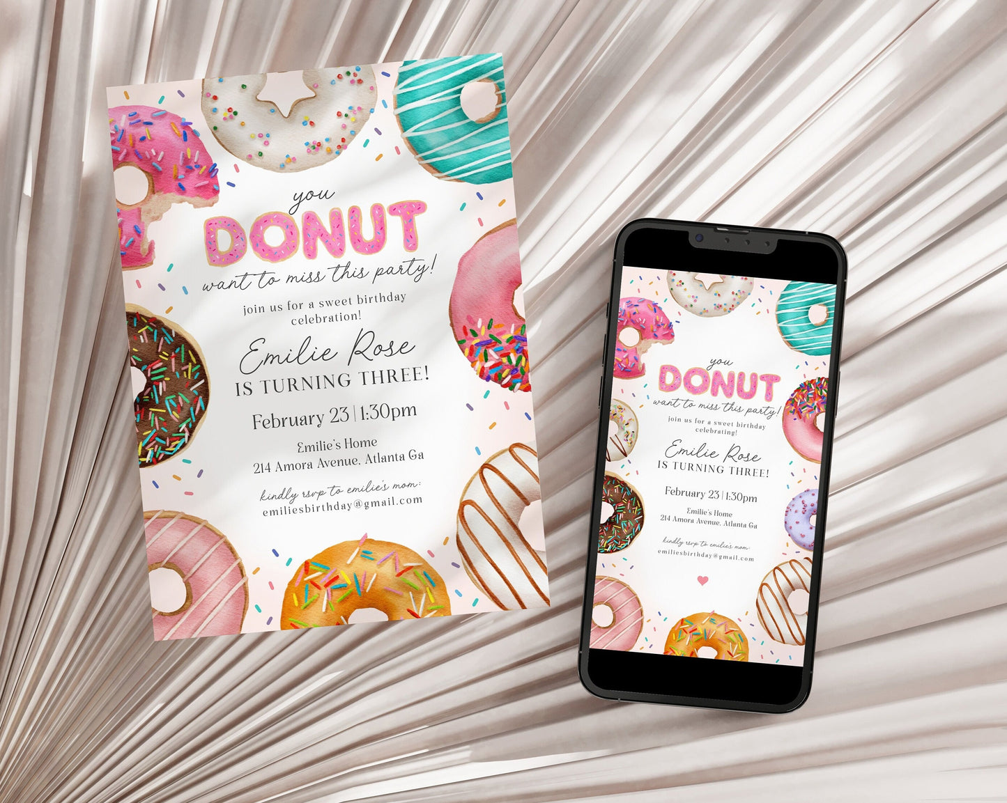 Donut Sprinkles Birthday Invitation Template Set, Sweet Sprinkles Donut birthday party for girl, sweet celebration doughnut invitation