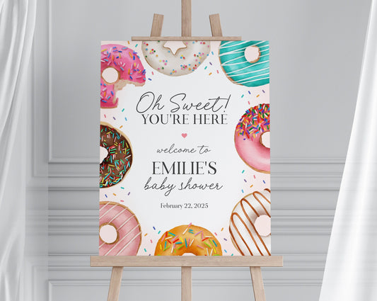 Donut Sprinkles Baby Shower Welcome Sign Template, Donuts and Diapers Donut Baby Shower for Girl, Sweet Celebration, Sprinkled with Love