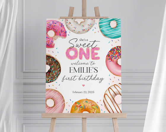 Donut Sprinkles 1st Birthday Welcome Sign Template, Sweet One Donut 1st Birthday for Girl, Sweet Celebration Sprinkled With Love Birthday