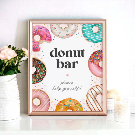 Donut Sprinkles Donut Bar Sign Printable Party Decor, Sprinkled Donuts and Diapers Baby Sprinkle Two Sweet One Birthday for Girl Baby Shower