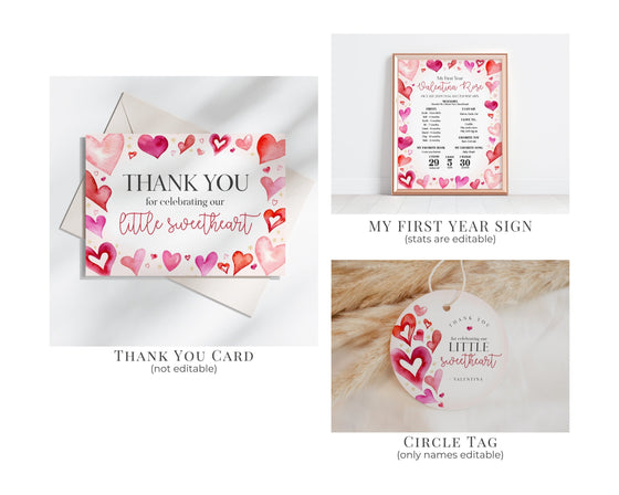 A Little Sweetheart First Birthday Bundle Printable, instant download February 1st birthday for girl, Valentines birthday party for winter