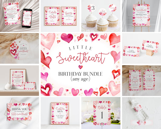 A Little Sweetheart Birthday Bundle Printable, instant download February girl birthday, Little Valentine birthday party for winter