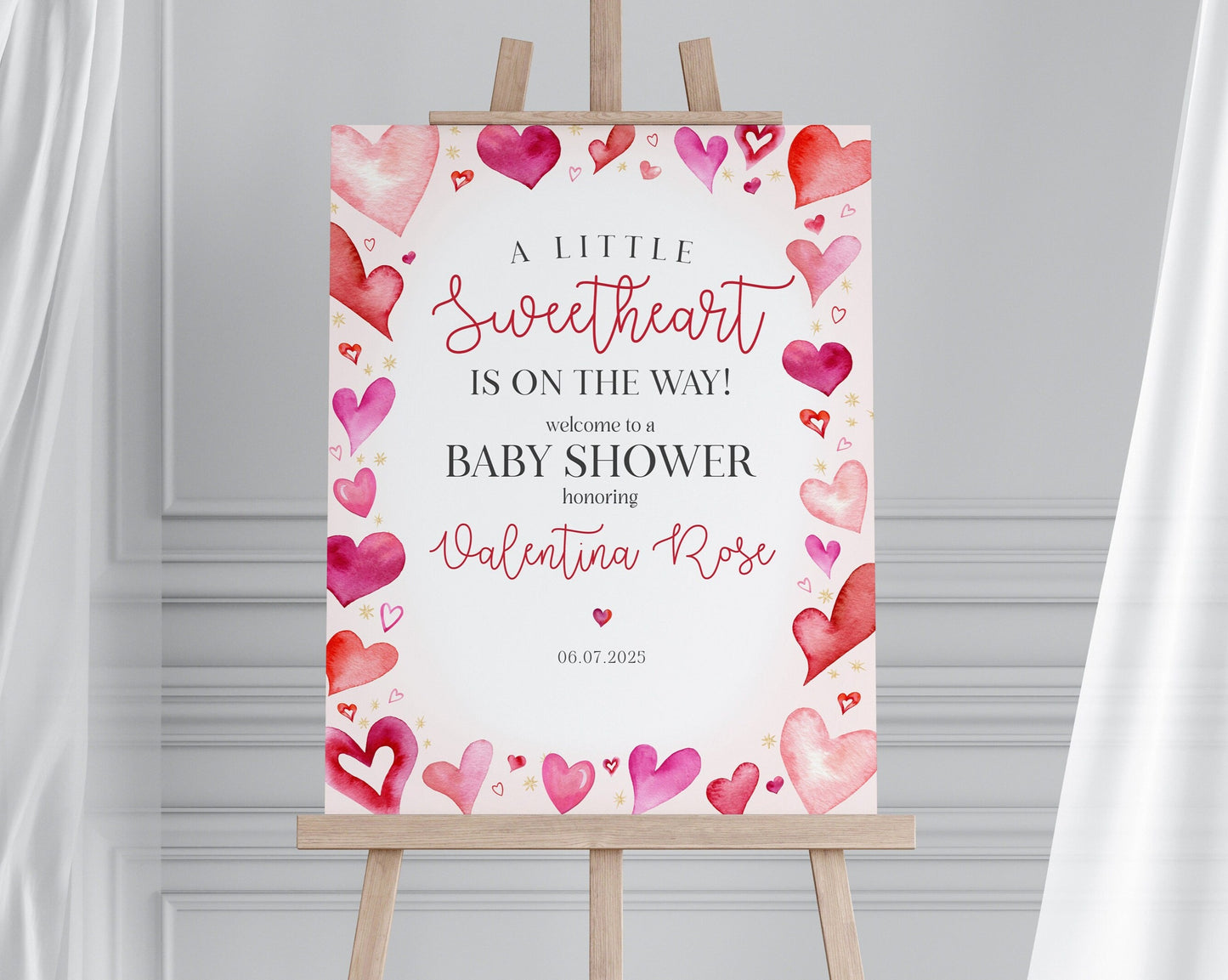 Little Sweetheart Baby Shower Welcome Sign Template, instant download February winter baby shower for girl Heart theme Valentine baby shower