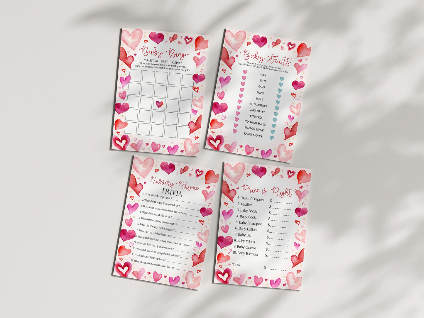 Little Sweetheart Baby Shower Games Bundle, instant download February winter baby shower for girl, little valentine heart theme baby shower