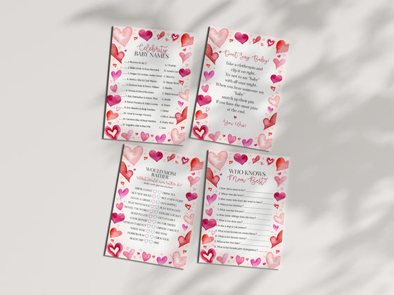 Little Sweetheart Baby Shower Games Bundle, instant download February winter baby shower for girl, little valentine heart theme baby shower