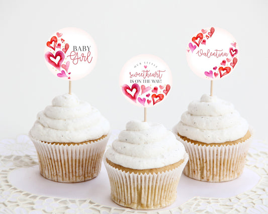 A Little Sweetheart Cupcake Toppers Printable, February winter baby shower for girl, Little Valentines Day Heart Theme Baby Shower