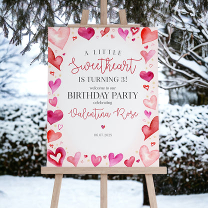 A Little Sweetheart Birthday Party Welcome Sign Template, instant download February winter girl 1st birthday, Heart Theme Valentine birthday