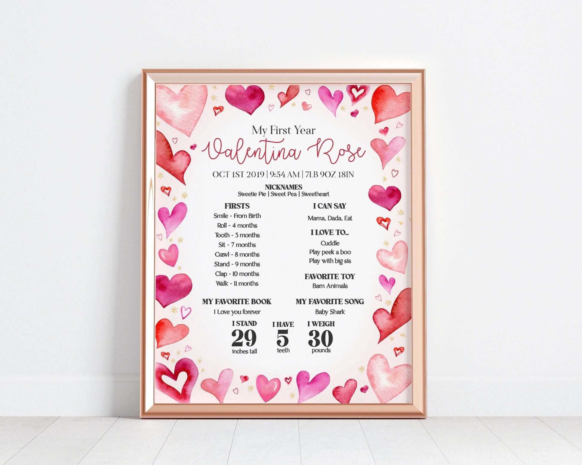 A Little Sweetheart First Year Milestone Sign Template, winter February girl birthday party Little valentine heart theme 1st birthday