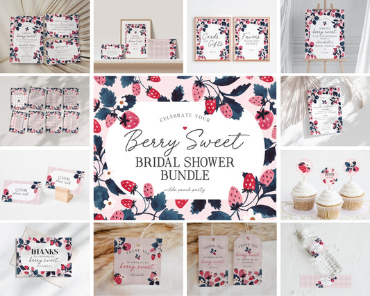 Pink Strawberry Bridal Shower Printable Bundle, love is Berry sweet bridal shower for spring or summer wedding decor, instant download