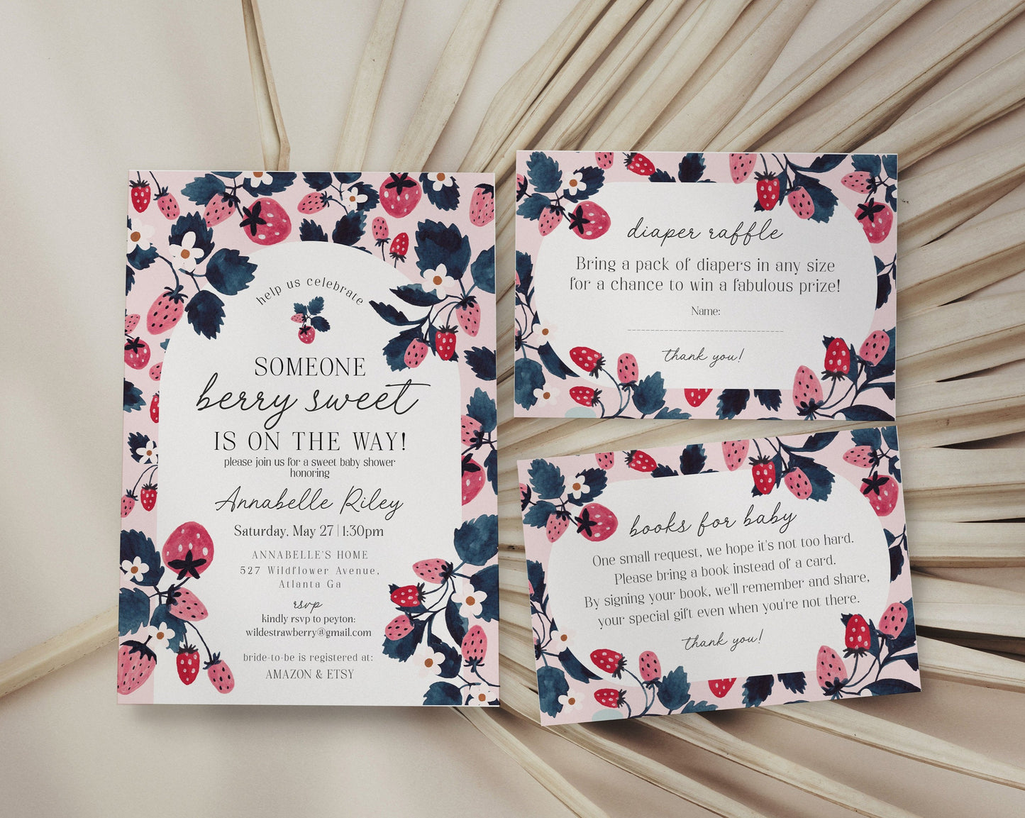 Pink Strawberry Baby Shower Invitation Bundle Instant Download, Berry sweet baby shower for spring summer fresh fruit baby shower for girl