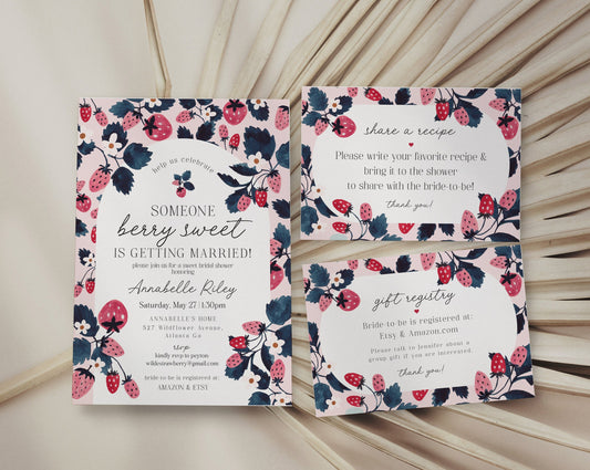 Pink Strawberry Bridal Shower Invitation Bundle Instant Download, Berry sweet bridal shower for spring summer bride fresh fruit bridal party