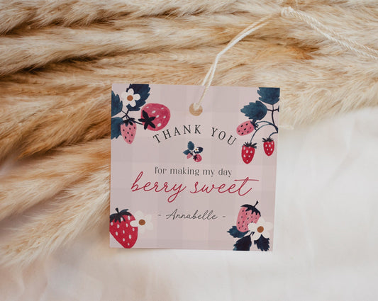 Pink Strawberry Birthday or Baby Shower Square Favor Tags Instant Download, Berry sweet bridal shower for spring or summer bride fruit party