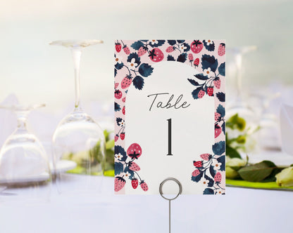 Pink Strawberry Banquet Table Number Cards Printable Template for Baby Shower or Birthday Party, Berry sweet bridal shower for spring summer