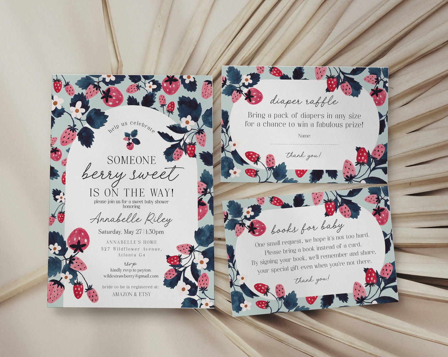 Mint Strawberry Baby Shower Invitation Bundle Instant Download, Berry sweet baby shower for spring summer fresh fruit baby shower for girl