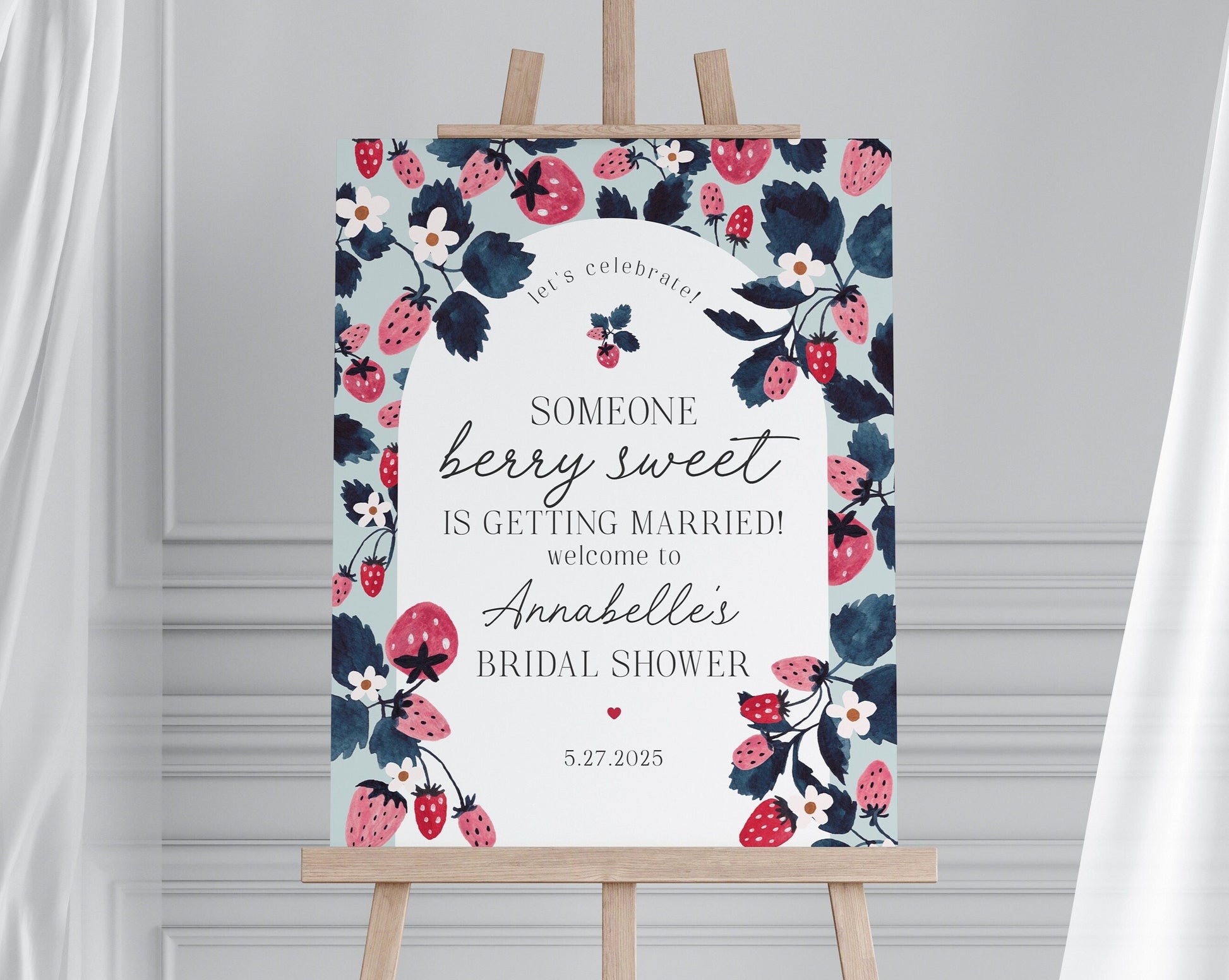 Mint Strawberry Bridal Shower Welcome Sign Printable Template, Berry sweet bridal shower for spring or summer bride fresh fruit bridal party