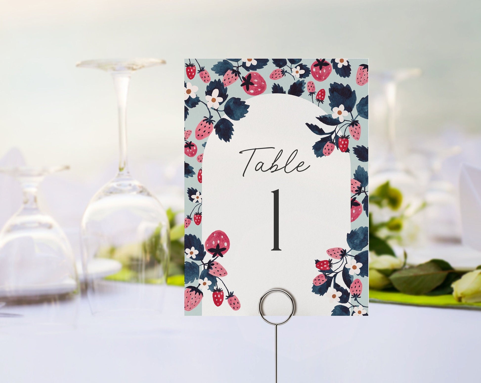 Mint Strawberry Banquet Table Number Cards Printable Template for Baby Shower or Birthday Party, Berry sweet bridal shower for spring summer