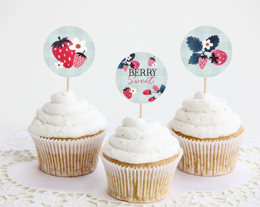 Mint Strawberry Cupcake Toppers Printable for Birthday or Baby Shower, Berry sweet bridal shower for spring or summer bride fruit birthday