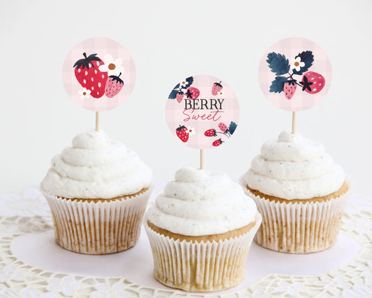 Pink Strawberry Cupcake Toppers Printable for Birthday or Baby Shower, Berry sweet bridal shower for spring or summer bride fruit birthday