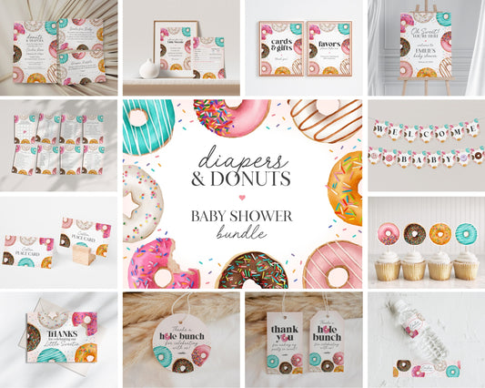 Donut Sprinkles Baby Shower Bundle Printable Party Decor, Donuts and Diapers Girl Baby Shower Template Sweet Celebration Sprinkled with Love