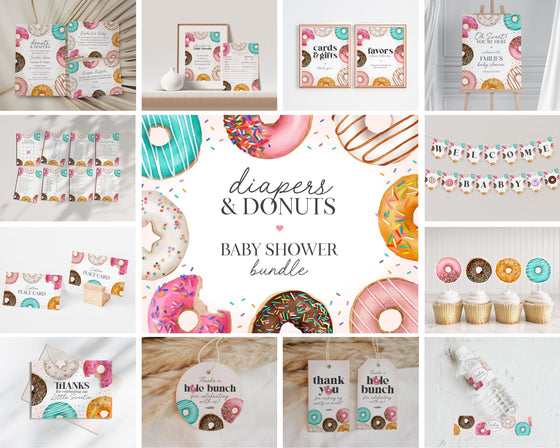 Donut Sprinkles Baby Shower Bundle Printable Party Decor, Donuts and Diapers Girl Baby Shower Template Sweet Celebration Sprinkled with Love