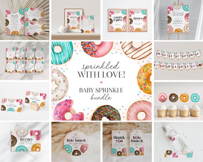 Donut Sprinkles Baby Sprinkle Bundle Printable Party Decor, Donuts & Diapers Girl Baby Shower Template Sweet Celebration Sprinkled with Love