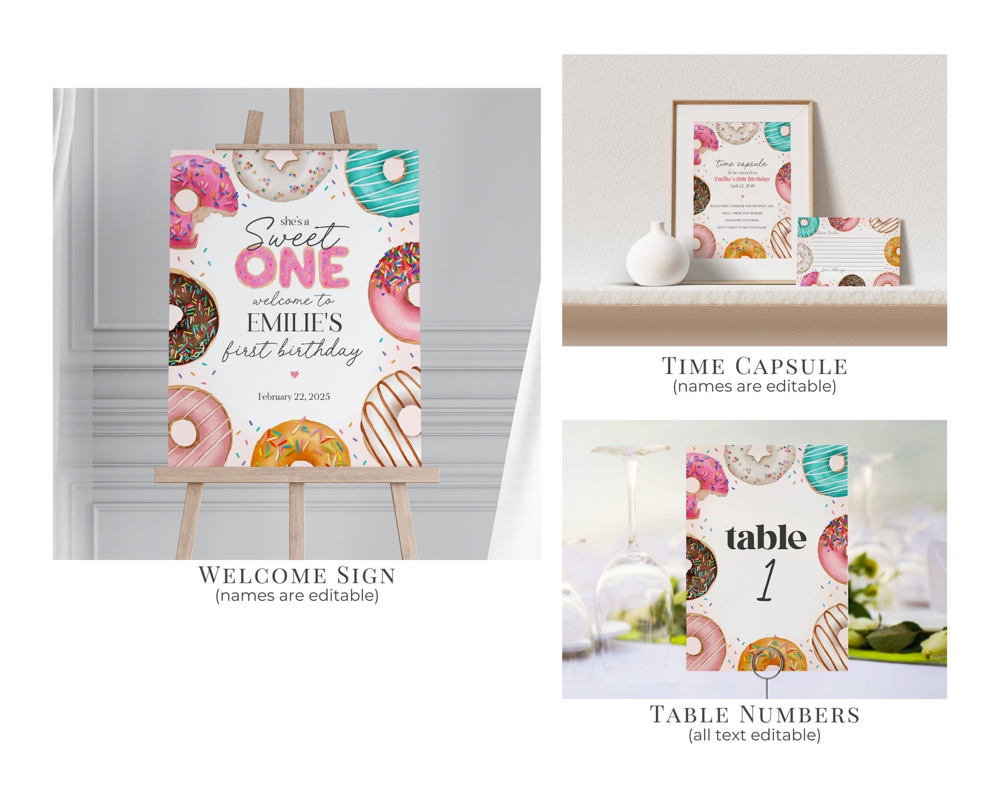 Donut Sprinkles First Birthday Party Bundle Printable Template, Sweet One Donut 1st Birthday for Girl, Sweet Celebration Sprinkled with Love