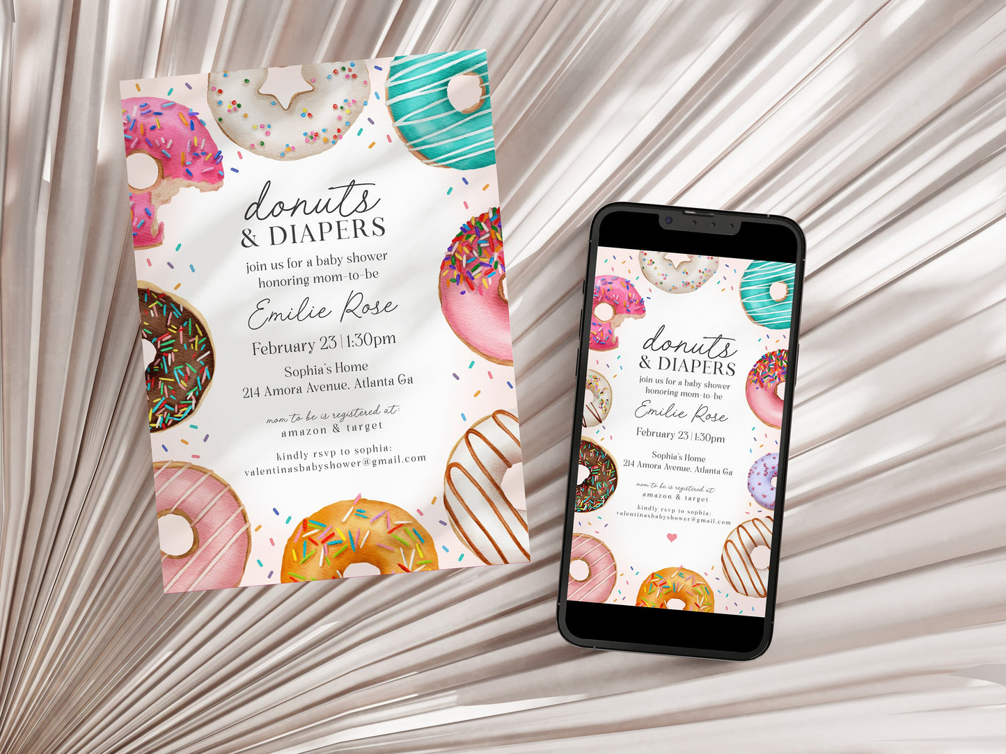 Donut Sprinkles Baby Shower Invitation Set Template, Donuts and Diapers Donut Baby Shower for Girl, Sweet Celebration, Sprinkled with Love