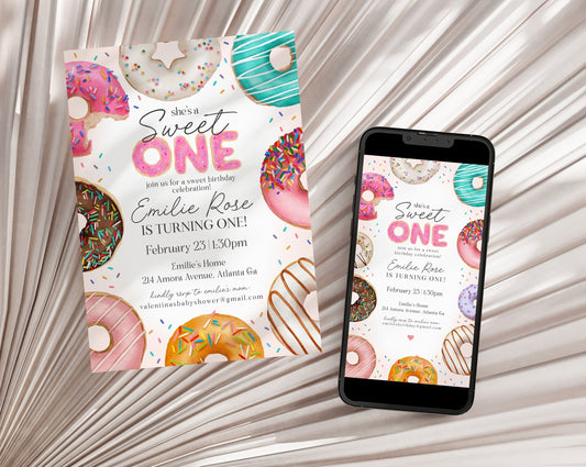 Donut Sprinkles First Birthday Invitation Template Set, Sweet One Donut 1st birthday for girl, sweet celebration doughnut invitation