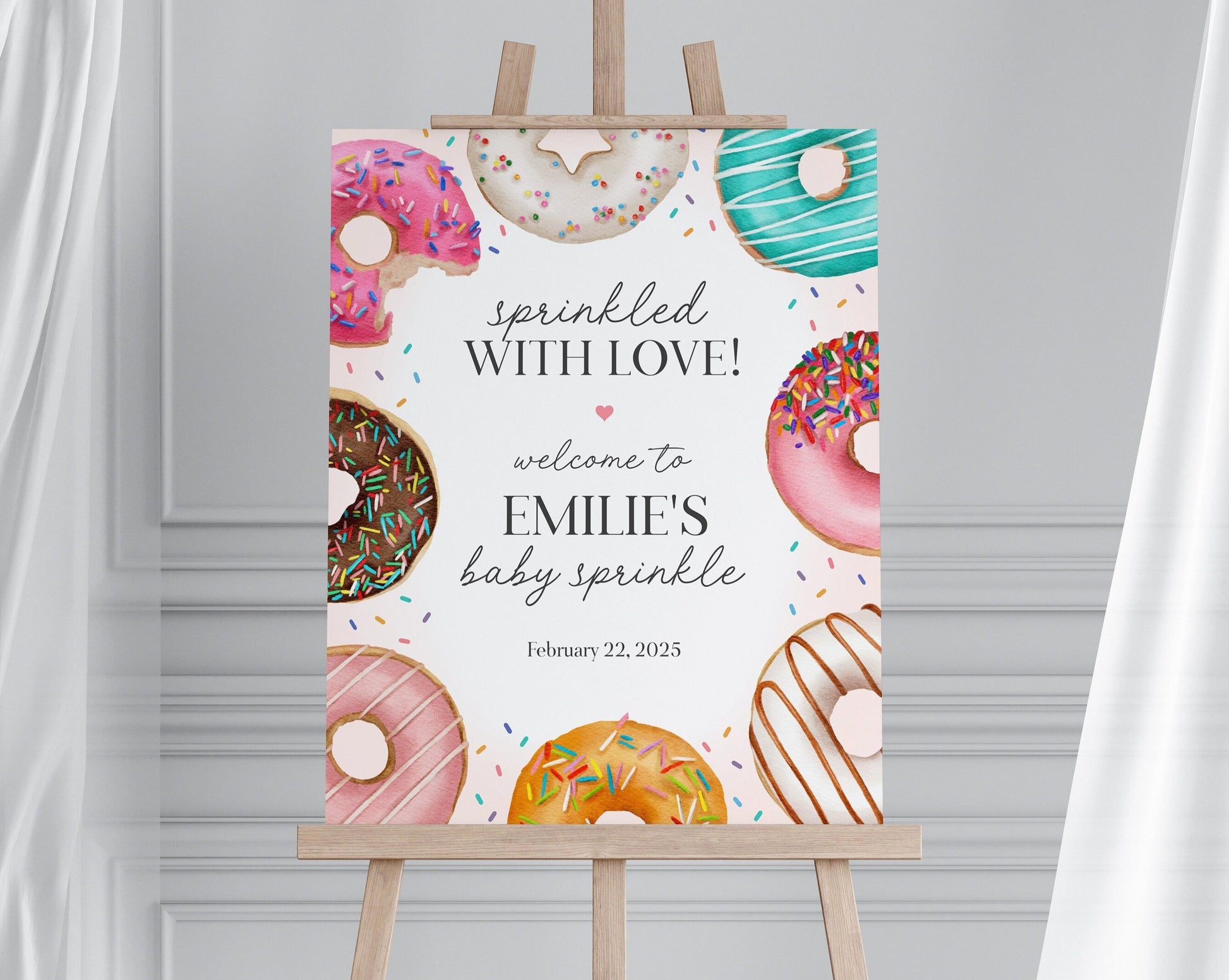 Donut Sprinkles Baby Sprinkle Welcome Sign Template, Sprinkled With Love Donut Baby Sprinkle for Girl, Sweet Celebration, Donuts and Diapers