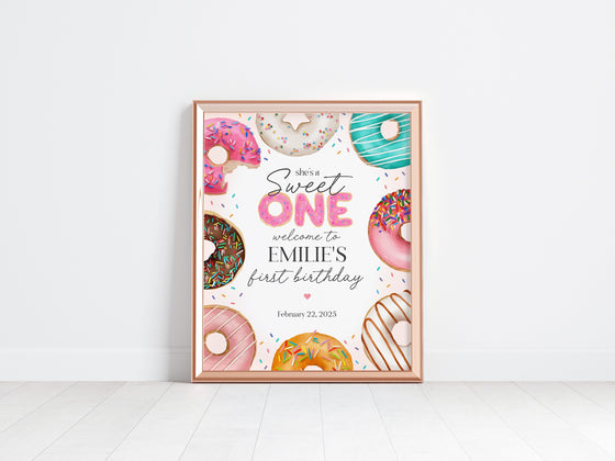 Donut Sprinkles 1st Birthday Welcome Sign Template, Sweet One Donut 1st Birthday for Girl, Sweet Celebration Sprinkled With Love Birthday