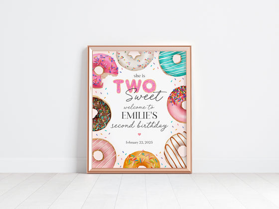 Donut Sprinkles 2nd Birthday Welcome Sign Template, Two Sweet Donut 2nd Birthday for Girl, Sweet Celebration Sprinkled With Love Birthday