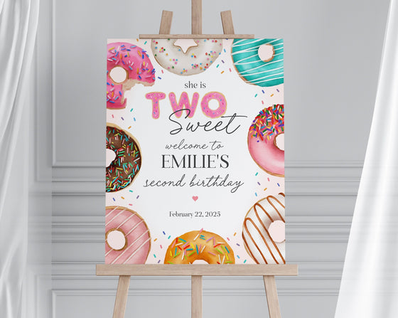 Donut Sprinkles 2nd Birthday Welcome Sign Template, Two Sweet Donut 2nd Birthday for Girl, Sweet Celebration Sprinkled With Love Birthday