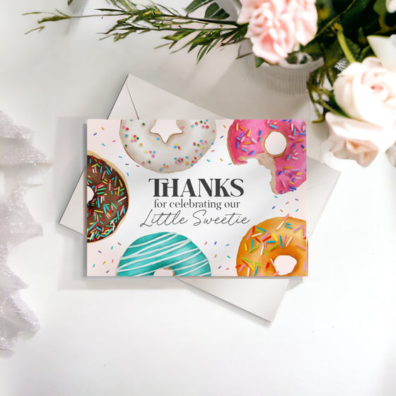 Donut Sprinkles Thank You Card Printable for Girl Birthday Party or Baby Shower, Donuts and Diapers Baby Sprinkle, Two Sweet One Birthday