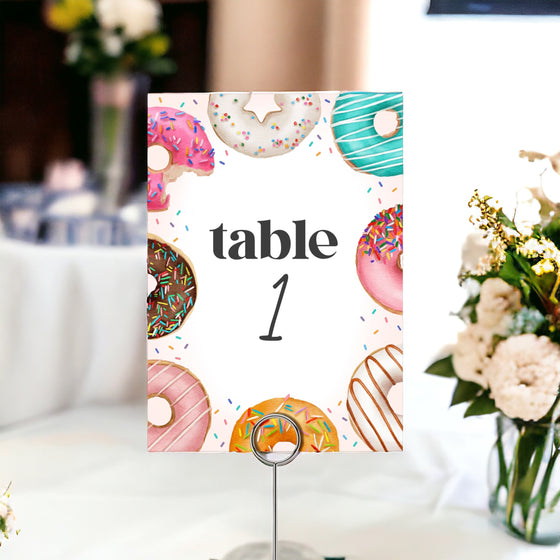 Donut Sprinkles Table Number Card Printable Template for Baby Shower or Birthday, Donuts and Diapers Baby Sprinkle, Two Sweet One Birthday